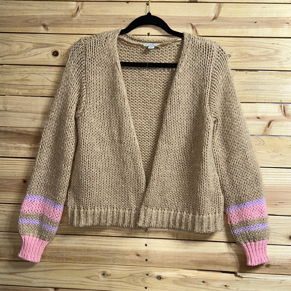 Chunky Knit Tan Sweater with Pink Cuffs